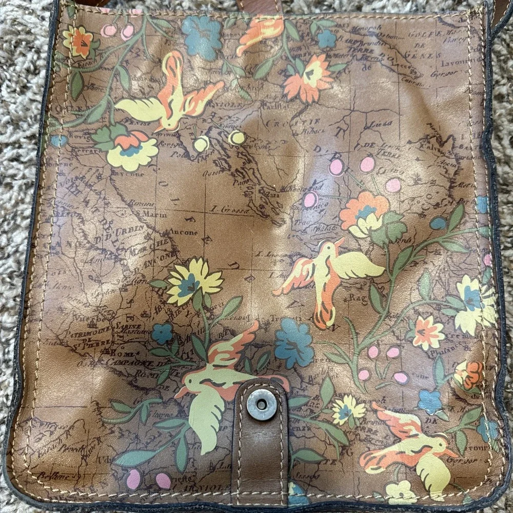 Patricia Nash Venezia Pouch Leather Crossbody Floral Bird Map Print Brown